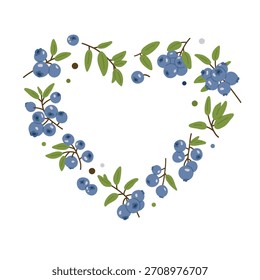 Marco de Vector en forma de corazón hecho de ramas de arándanos con hojas. Linda ilustración botánica plana de arándanos, perfecta para tarjetas, empaques, diseños de verano y decoración.
