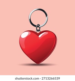 Vector heart-shaped keychain of a red, with a silver ring on a soft pink background. Perfect for Valentine's Day gifts, romantic gifts, decorative accessories, designs, packaging. Scalable