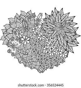 Vector heart-shaped pattern for coloring book. Ethnic retro design in zentangle style with floral elements, Black line art on white background.