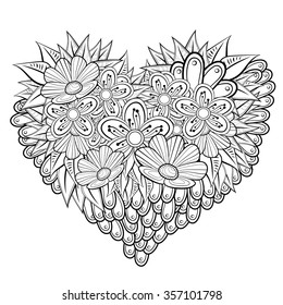 Vector heart-shaped pattern for coloring book. Ethnic retro design in zentangle style with floral elements,Black line art on white background.