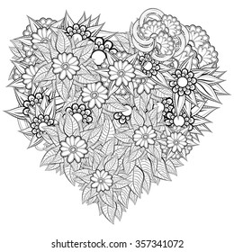 Vector heart-shaped pattern for coloring book. Ethnic retro design in zentangle style with floral elements,Black line art on white background.