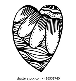 Vector heart-shaped pattern for coloring book. Ethnic retro design in zentangle style with floral elements,Black line art on white background. Vector hand drawn doodle ornate heart illustration.