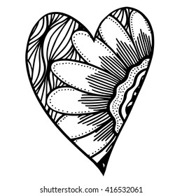 Vector heart-shaped pattern for coloring book. Ethnic retro design in zentangle style with floral elements,Black line art on white background. Vector hand drawn doodle ornate heart illustration.