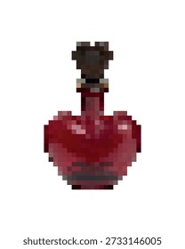 Icono de botella de poción en forma de corazón de Vector, líquido de rubí brillante dentro del vidrio, símbolo de alquimia de fantasía para la interfaz del juego, magia romántica, hechizo de amor, aislado en blanco, diseño minimalista limpio. Alquímica