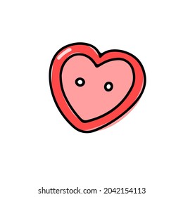 Vector heart-shaped red button isolated on white background. Doodle illustration for weddings, t-shirt, Valentines Day. Sketch Sign of love, romance, feelings, relationship, needlework. Valentine card