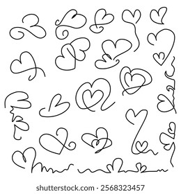 Vector hearts-shaped icon set. Valentine's Day Hand-drawn love doodles. Black icons.