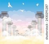 vector heaven gate with pillar and clouds pigeoning