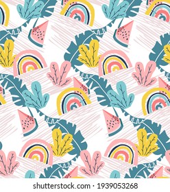 
Vector heavenly and tropical pattern with rainbow, watermelon, leaves and doodle art. Trendy kids background for textiles and typography.