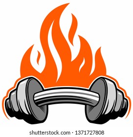 Vector heavy dumbbell with the fire flame on background. Gym, sports logo design element, isolated on white background.