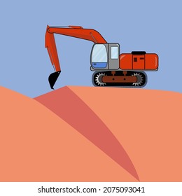 vector of a heavy excavator on a sand dune with a blue sky