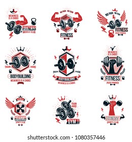 Vector heavy load power lifting theme logotypes and advertising flyers collection created with dumbbells, disc weights sport equipment and strong man body shapes.
