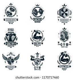 Vector heavy load power lifting theme logotypes and advertising flyers collection created with dumbbells, disc weights sport equipment and strong man body shapes.
