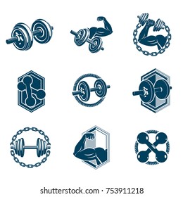 Vector heavy load power lifting theme illustrations collection created with dumbbells and disc weights sport equipment. Strong man body shape.