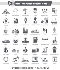 Vector Heavy And Power Industry Black Icon Set. Dark Grey Classic Icon Design For Web