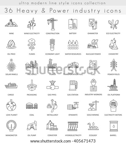 Vector heavy and power industry ultra modern outline line icons for web and apps.