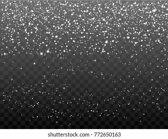 Vector heavy snowfall. Many white cold flake elements on transparent background. White snowflakes flying in the air. Snow flakes, snow background.