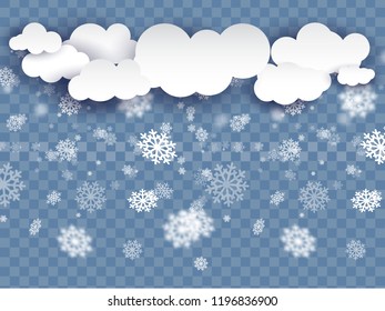 Vector heavy snowfall, paper cut clouds, in different shapes and forms. Many white cold flake elements on blue transparent background. White snowflakes flying in the air. 