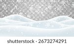 Vector heavy snowfall. Snow landscape decoration, frozen hills isolated on png background. Snow flakes, snow and blizzard falling on snowdrifts. Christmas vector illustration