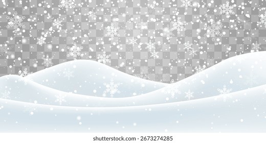 Queda de neve pesada no vetor. Decoração de paisagem de neve, colinas congeladas isoladas no fundo png. Flocos de neve, neve e nevascas caindo em moinhos de neve. Ilustração de vetor de Natal