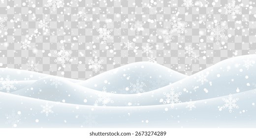Queda de neve pesada no vetor. Decoração de paisagem de neve, colinas congeladas isoladas no fundo png. Flocos de neve, neve e nevascas caindo em moinhos de neve. Ilustração de vetor de Natal