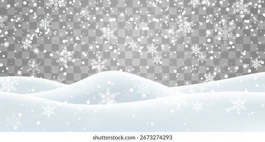 Vector heavy snowfall. Snow landscape decoration, frozen hills isolated on png background. Snow flakes, snow and blizzard falling on snowdrifts. Christmas vector illustration