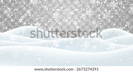 Vector heavy snowfall. Snow landscape decoration, frozen hills isolated on png background. Snow flakes, snow and blizzard falling on snowdrifts. Christmas vector illustration