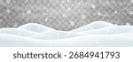 Vector heavy snowfall with snowbanks field. Snow landscape decoration, frozen hills isolated on png background. Snow flakes, snow and blizzard falling on snowdrifts. Christmas vector illustration