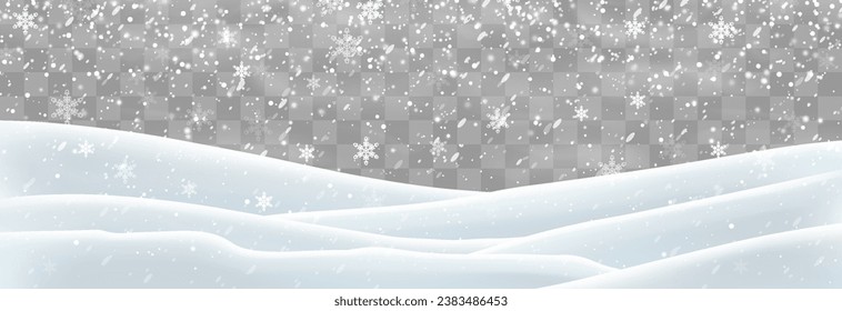 Vector heavy snowfall with snowbanks field. Snow landscape decoration, frozen hills isolated on png background. Snow flakes, snow and blizzard falling on snowdrifts. Christmas vector illustration