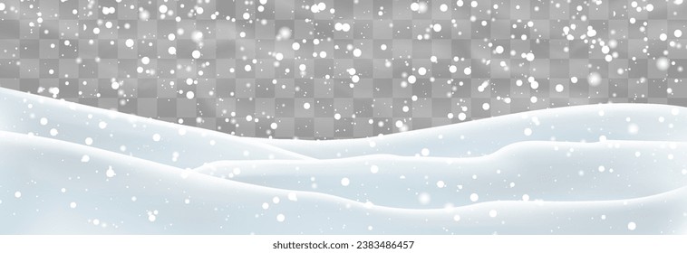 Vector heavy snowfall with snowbanks field. Snow landscape decoration, frozen hills isolated on png background. Snow flakes, snow and blizzard falling on snowdrifts. Christmas vector illustration