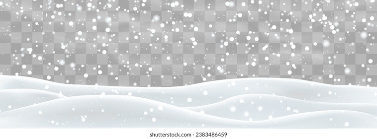 Vector heavy snowfall with snowbanks field. Snow landscape decoration, frozen hills isolated on png background. Snow flakes, snow and blizzard falling on snowdrifts. Christmas vector illustration