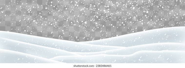 Vector heavy snowfall with snowbanks field. Snow landscape decoration, frozen hills isolated on png background. Snow flakes, snow and blizzard falling on snowdrifts. Christmas vector illustration