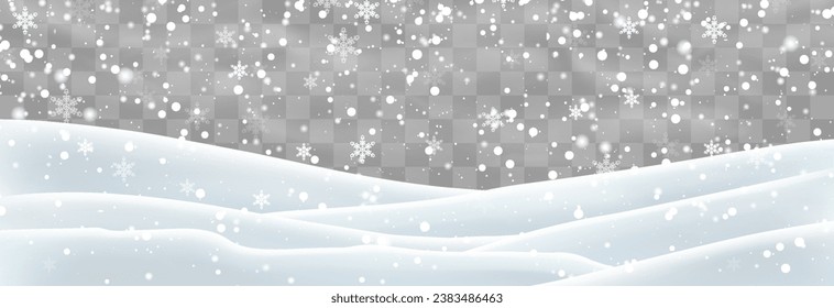 Vector heavy snowfall with snowbanks field. Snow landscape decoration, frozen hills isolated on png background. Snow flakes, snow and blizzard falling on snowdrifts. Christmas vector illustration