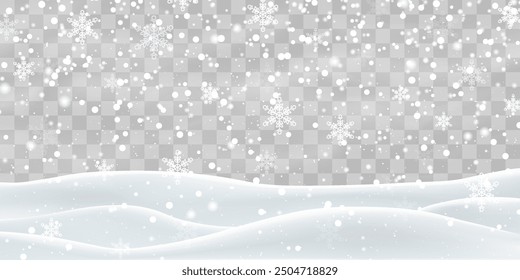 Vector heavy snowfall with snowbanks field. Christmas vector illustration. Snow flakes, snow and blizzard falling on snowdrifts. Snow landscape decoration, frozen hills isolated on png background