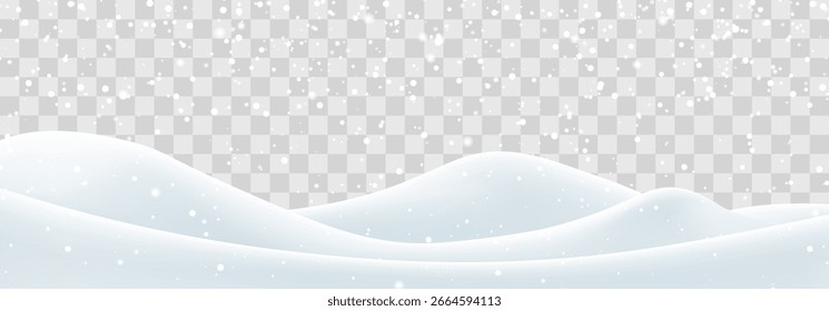 Vetor forte queda de neve com campo de bancos de neve. Decoração de paisagem de neve, colinas congeladas isoladas no fundo png. Flocos de neve, neve e nevascas caindo em moinhos de neve. Ilustração de vetor de Natal