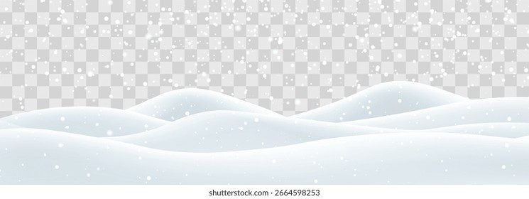 Vetor forte queda de neve com campo de bancos de neve. Decoração de paisagem de neve, colinas congeladas isoladas no fundo png. Flocos de neve, neve e nevascas caindo em moinhos de neve. Ilustração de vetor de Natal