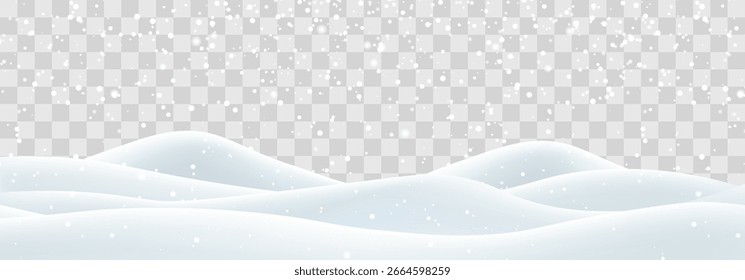 Vetor forte queda de neve com campo de bancos de neve. Decoração de paisagem de neve, colinas congeladas isoladas no fundo png. Flocos de neve, neve e nevascas caindo em moinhos de neve. Ilustração de vetor de Natal
