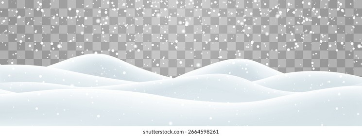 Vector heavy snowfall with snowbanks field. Snow landscape decoration, frozen hills isolated on png background. Snow flakes, snow and blizzard falling on snowdrifts. Christmas vector illustration