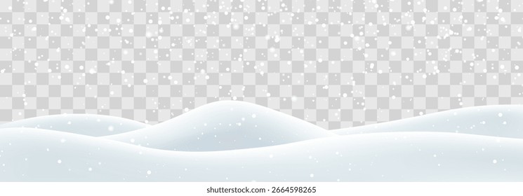 Vetor forte queda de neve com campo de bancos de neve. Decoração de paisagem de neve, colinas congeladas isoladas no fundo png. Flocos de neve, neve e nevascas caindo em moinhos de neve. Ilustração de vetor de Natal