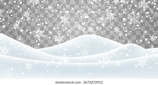 Vector heavy snowfall with snowbanks field. Snow landscape decoration, frozen hills isolated on png background. Snow flakes, snow and blizzard falling on snowdrifts. Christmas vector illustration.