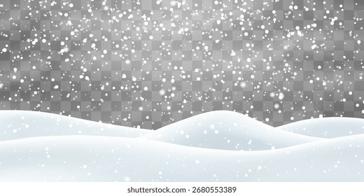 Vector fuerte nevada con campo de bancos de nieve. Decoración del paisaje de la nieve, colinas congeladas aisladas en el fondo del png. Copos de nieve, nieve y ventisca cayendo sobre las corrientes de nieve. Ilustración vectorial de Navidades