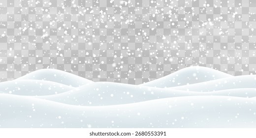 Vetor forte queda de neve com campo de bancos de neve. Decoração de paisagem de neve, colinas congeladas isoladas no fundo png. Flocos de neve, neve e nevascas caindo em moinhos de neve. Ilustração de vetor de Natal