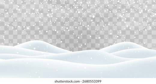 Vetor forte queda de neve com campo de bancos de neve. Decoração de paisagem de neve, colinas congeladas isoladas no fundo png. Flocos de neve, neve e nevascas caindo em moinhos de neve. Ilustração de vetor de Natal