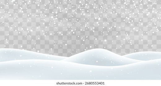 Vetor forte queda de neve com campo de bancos de neve. Decoração de paisagem de neve, colinas congeladas isoladas no fundo png. Flocos de neve, neve e nevascas caindo em moinhos de neve. Ilustração de vetor de Natal