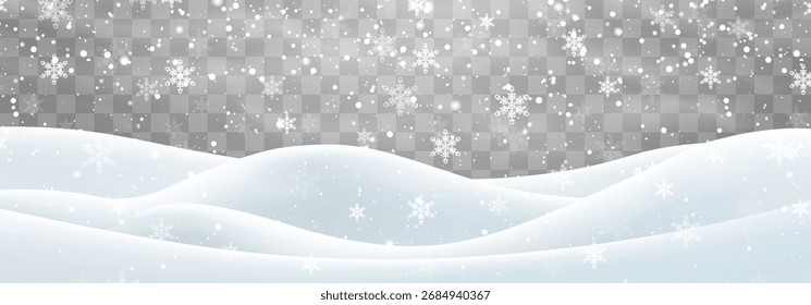 Vetor forte queda de neve com campo de bancos de neve. Decoração de paisagem de neve, colinas congeladas isoladas no fundo png. Flocos de neve, neve e nevascas caindo em moinhos de neve. Ilustração de vetor de Natal