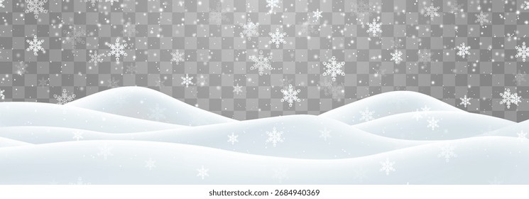 Vektor starker Schneefall mit Schneebänken Feld. Schneelandschaft Dekoration, gefrorene Hügel einzeln auf png Hintergrund. Schneeflocken, Schnee und Schneesturm fallen auf Schneeverwehungen. Weihnachtsvektorgrafik