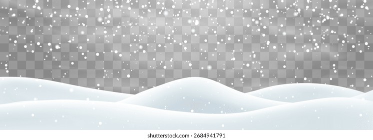 Vektor starker Schneefall mit Schneebänken Feld. Schneelandschaft Dekoration, gefrorene Hügel einzeln auf png Hintergrund. Schneeflocken, Schnee und Schneesturm fallen auf Schneeverwehungen. Weihnachtsvektorgrafik