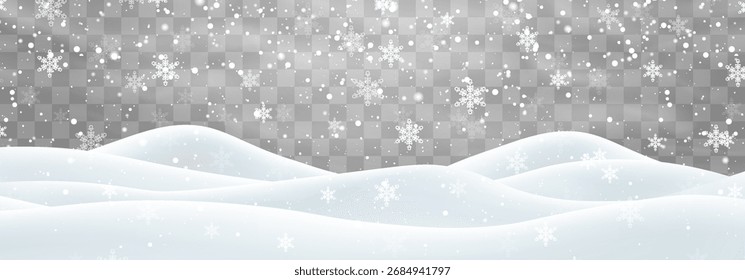 Vetor forte queda de neve com campo de bancos de neve. Decoração de paisagem de neve, colinas congeladas isoladas no fundo png. Flocos de neve, neve e nevascas caindo em moinhos de neve. Ilustração de vetor de Natal