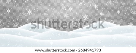 Vector heavy snowfall with snowbanks field. Snow landscape decoration, frozen hills isolated on png background. Snow flakes, snow and blizzard falling on snowdrifts. Christmas vector illustration