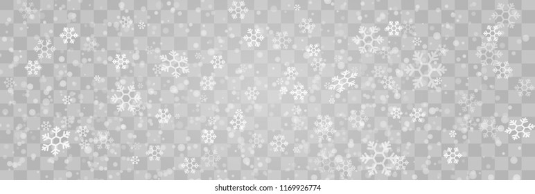 Vector heavy snowfall, snowflakes in different shapes and forms. Many white cold flake elements on transparent background. White snow flakes flying in the air. 