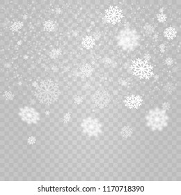 Vector heavy snowfall, snowflakes in different shapes and forms. Many white cold flake elements on transparent background. White snowflakes flying in the air.
